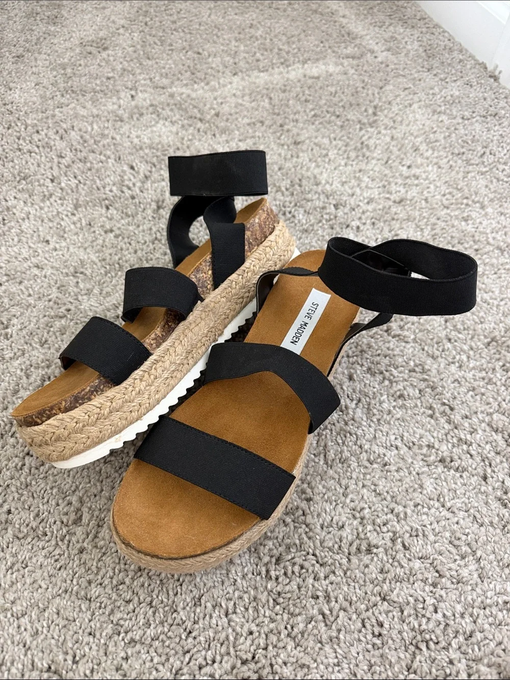 Steve Madden Black and Tan Espadrille Platform Sandals with Ankle Straps